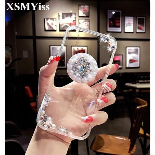 XSMYiss Bling Transparent Diamond Phone Case For Samsung S7 edg S8 S9 S10 Plus Pearl Diamond Stand Cases For Samsung Note 8 9