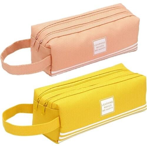 Double Zippers Pencil Case Large Pink Canvas Pen Bag Pouch Holder with Compartments Big Capacity Pen Case 2PCS