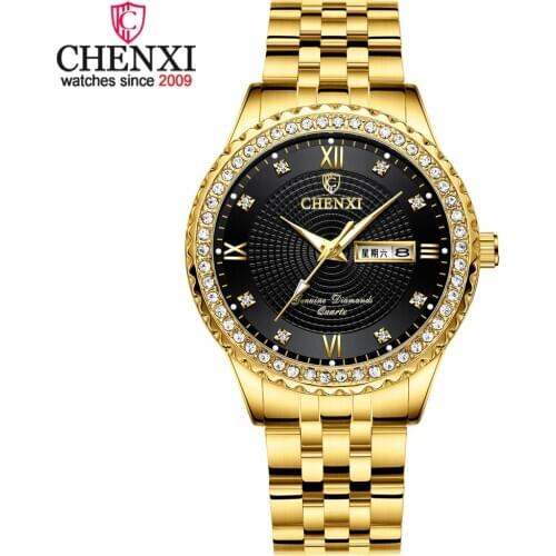 CHENXI Luxury Rhinestone Golden Stainless Steel Watch Men Business Quartz Clock Waterproof Wrist Watches Relogio Masculino