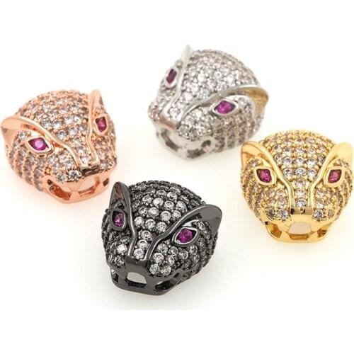 CZ Micro Pave Leopard Spacer Beads Gold Copper Zircon Cheetah Head Charms Accessories Connectors For Jewelry Making 13x13x9.5MM