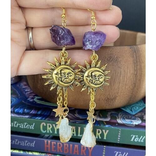 Citrine and Amethyst Sun & Moon Energy Drop Earrings | Reiki Charged,Celestial Sun and Moon Charm Earrings