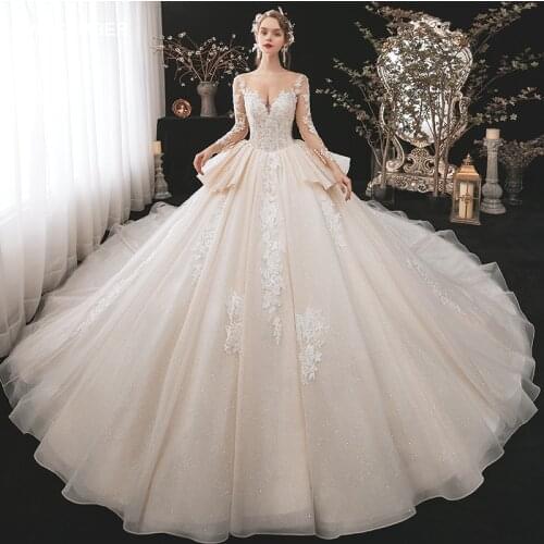 HLF31 O-neck Weddding Dresses Lace Up Back Long Sleeve Appliques Beading Super Shiny Gorgeous Ball Gown Vestido Branco
