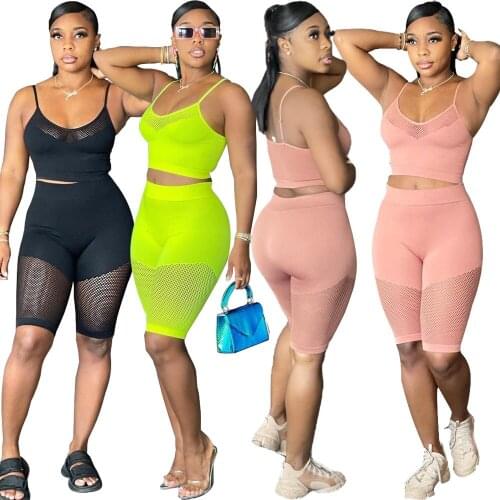 Sets Womens Outfits Casual Round Collar Sexy Sports Camisole Mesh Stitching Suit Fashion Summer Tracksuit Wholesale Dropshipping