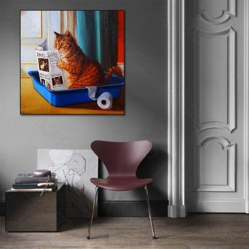 Modern Style Canvas Painting Wall Posters and Prints Cute Yellow Cat Reading Books In Its Blue Bath for Home Rooms Wall Decorati