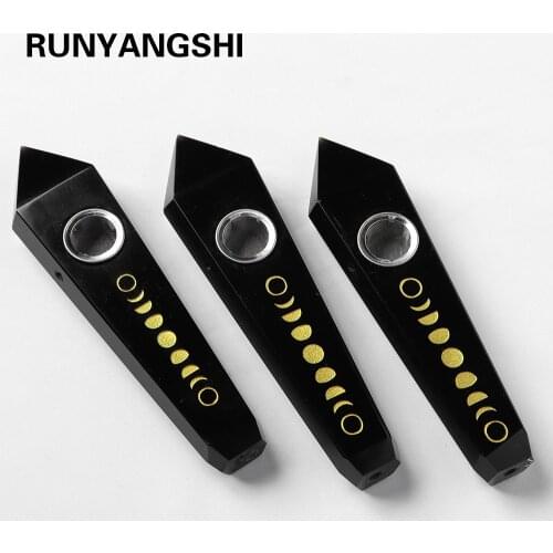 Natural Stone Obsidian Crystal Point Smoke Pipe Golden Crescent logo Cigarette Pipe For Man Gifts