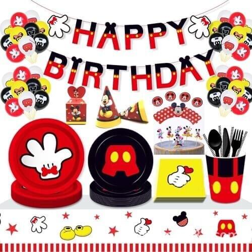 Newest Disney Theme Mickey Mouse Birthday Cup Plate Fork Tablecloth Party Supplies Baby Shower Mickey Party Banner Decor Balloon