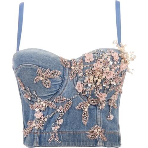 Autumn Cropped Sexy Bra Corset Women Tops 2020 Denim Beading Flower Crop Top To Wear Out Nightclub Ropa Mujer Camis DB1034