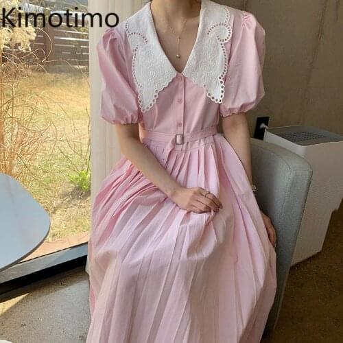 Kimotimo Sweet Pink Dress Women Korean Summer Tender Lace Crochet Peter Pan Collar Belt Waist Puff Sleeve Long Pleated Dresses