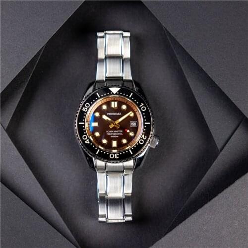 Proxima Coffee Dial Diver Mens Watch Sapphire Glass NH35/PT5000/SW200 Automatic Mechanical Watches Bracelet Date 30Bar C3 Lume