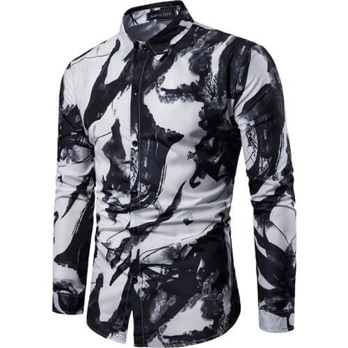2019 New Mens Casual Shirts Fashion Ink Painting Print Long Sleeve Shirt Men Turn-down Collar Slim Fit Mens Dress Shirts 4XL