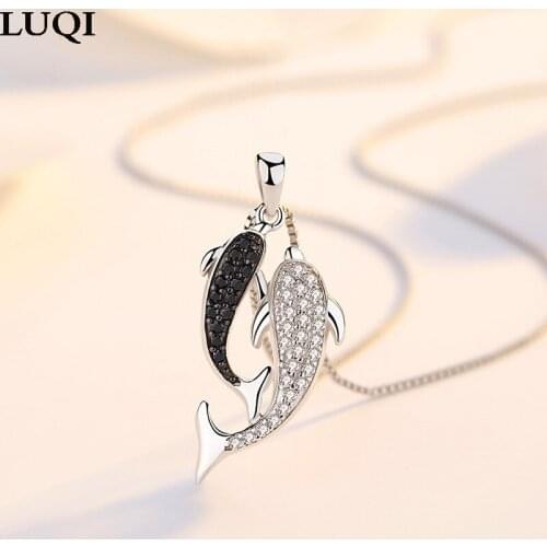 S925 Silver Plated Platinum Zircon Double Dolphin Pendant Fashion All-match Female Necklace For Girlfriend and Best Friend D578