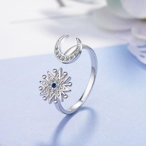 Rhinestone Open Size Silver Small Narrow Stone Rings Simple Adjustable Sun Crescent Moon Star Finger Ring for Women Jewelry
