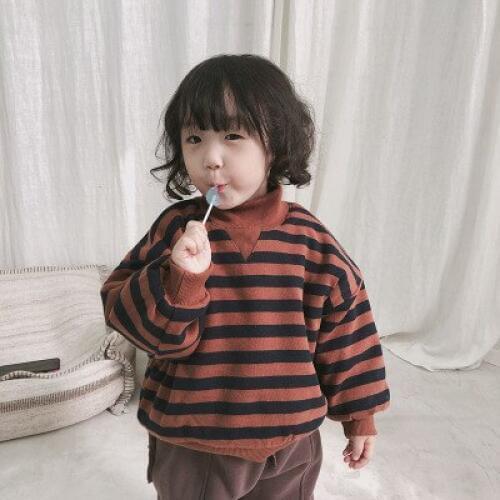 Sweatshirts for Girls Boys Winter 3-8Y Kids Baby Turtleneck Striped Thicken Cotton Sweatshirt Children Velvet Warm Pullover Tops