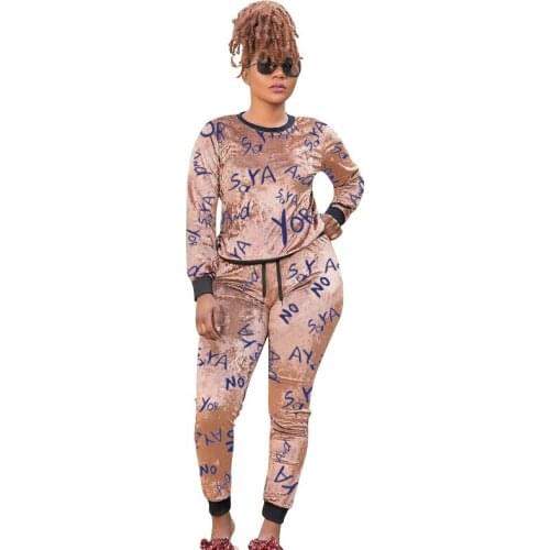 African Clothes For Tracksuit Women 2 Piece Set Pullover Tops And Pants Outfits Velvet Fabric Letters Print African Clothing Set
