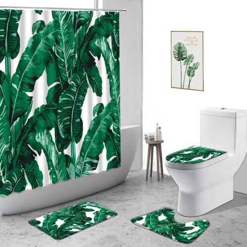 3D Green Plants Waterproof Shower Curtain Hand-Painted Banana Leaf Palm Tree Bathroom Decoration Curtains Set Non-Slip Bath Mat