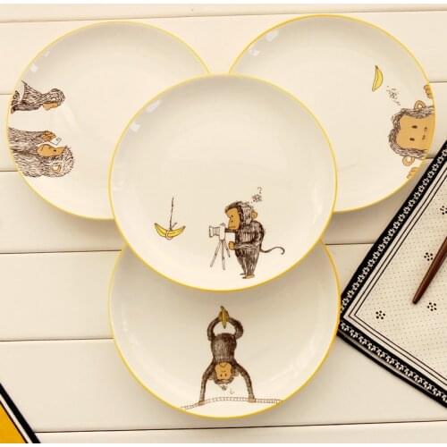 High Quality 8 Inch Western Steak Dishes & Plates Ceramic Bone China In-glazed Decoration Round Plate Monkey Character Planted