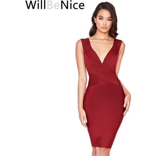 WillBeNice 2018 Winter New Arrival Wine Red V-Neck Sleeveless Ladies Knee Length Sexy Bodycon Bandage Dress