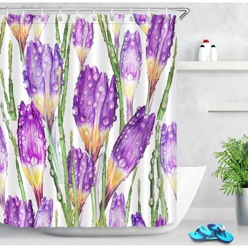 Purple Flower Shower Curtains Tulip Floral Plant Home Bathroom Decor Waterproof Mildewproof Polyester Fabric Bathtub Curtain Set