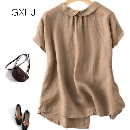 5XL 2021 summer new short-sleeved lapel cotton and linen blouse Casual Plus Size Loose Pullovers Tee Shirt Femme Tops LHJ091