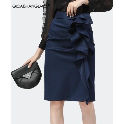 Office Ladies Pencil Skirt Blue Ruffles High Waist Knee-Length Shirred Midi Skirts 2020 Autumn New Elegant Sexy One Step Skirts