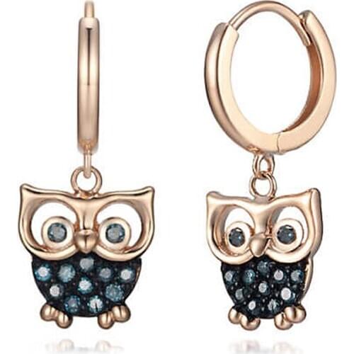 EDI Cute Animal Owl Design Earrings Real 585 14k Rose Gold Natural Blue Sapphire Earrings Gemstone Drop Earrings For Women