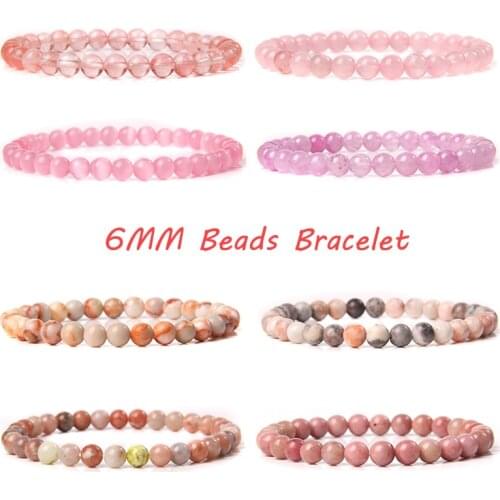 Women Bracelet 6MM Pink Purple Natural Stone Cat Eye Rhodochrosite Jades Crystals Quartzs Bangles Cute Reiki Jewelry Female Gift