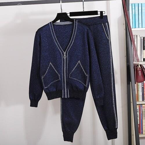 Vintage Navy Blue Knitted Tracksuits Set Women Loose Casual Bright Silk V-Neck Cardigan Sweater Pencil Pants Suit Outfits Female