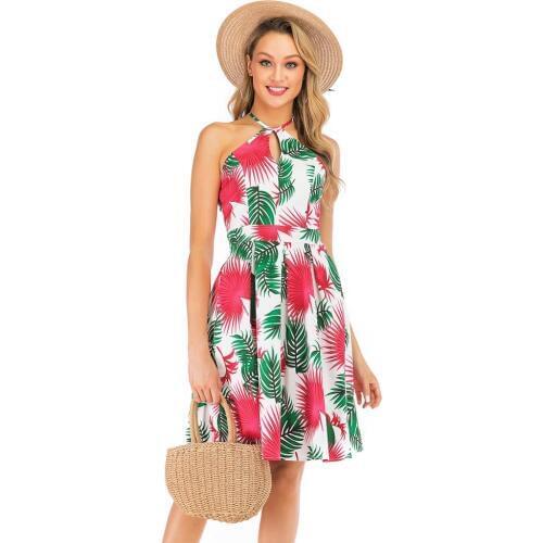 Women Fashion Leaves Floral Vintage Backless Pleat Swing Dresses Summer Sleeveless Zipper Halter Dress Retro Lady Party Dresses