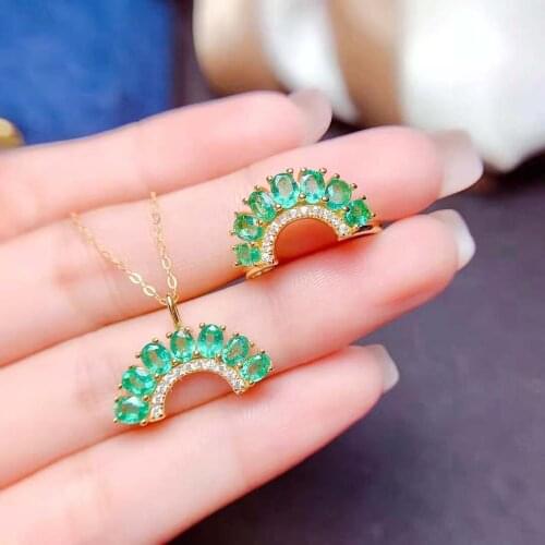 3*4 Natural Columbia Emerald Sector Luxury Ring Pendants Necklace Set S925 Silver Fine Fashion Weddings Jewelry Women MeibaPJFS