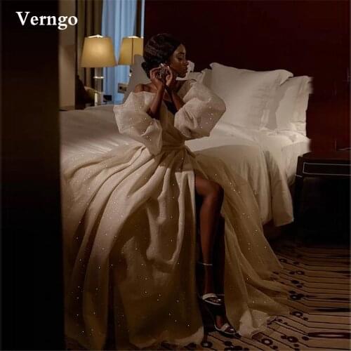 Verngo Sparkly Glitter A Line Wedding Dresses With Removable Puff Sleeves Sweetheart Slit Floor Length Bride Formal Party Gowns