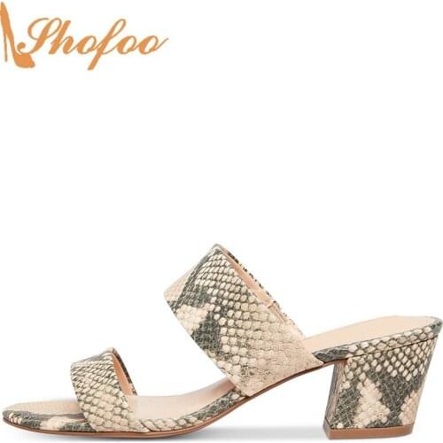 Natural Snake Skin Embossed High Chunky Heels Sandals Woman Round Toe Strap Ladies Fashion Casual Shoes Large Size 15 16 Shofoo