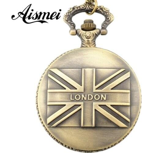 UK National Flag LONDON Vintage Retro Bronze Steampunk 48mm Pocket Watch Clock