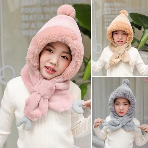 Children Winter Knitted Beanie Cap Baby Windproof Warm Neck Hooded Hat Scarf