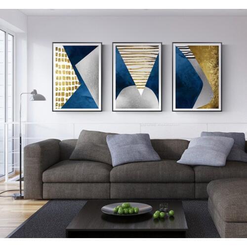 Modern Abstract Blue Gold Moon Painting Geometry Mountain Canvas Poster Art Wall Picture for Living Room Unframed