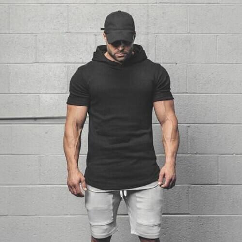 New Plain Fitness hooded t shirt men streetwear Solid bodybuilding Short sleeve t shirt Slim fit tshirt gyms tee shirt homme