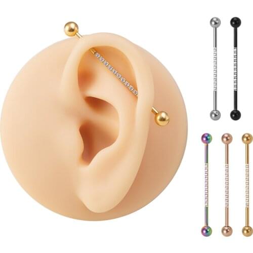 1pc Inlaid CZ Gem Stainless Steel Industrial Bar Earring 14G Industrial Earrings for Women Men Industrial Barbell Jewelry 38mm