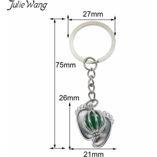 Julie Wang 1pc Double Feet With Hollow Round Ball Cage Locket Keychain Fit 8mm Essential Oil Bead Scented Hanging Accessory