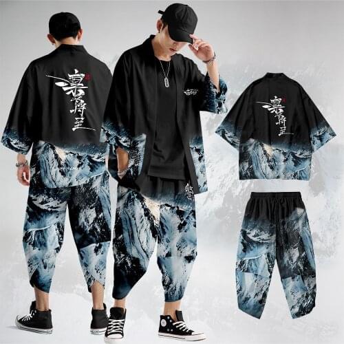 Mens Fashion Harajuku Cardigan Kimono Japan Black Print Clothes Pant Beach Coat Japanese Style Kimono Streetwear Haori Cover