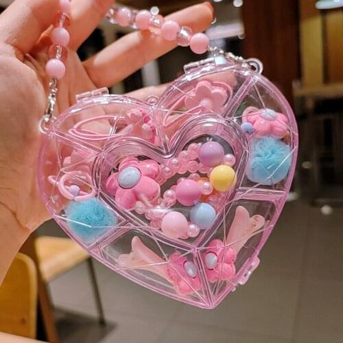 Girls Adjustable Rings Jewel Heart Gift Box Multicolor Dress Up Necklace Hair Clip Rope for Princess Set Birthday Party Gift