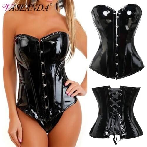 Bustiers & Corsets Faux PU Leather Steampunk Corset Top Overbust Bustier Gothic Lace Up Corselet Waist Trainer Body Shaper