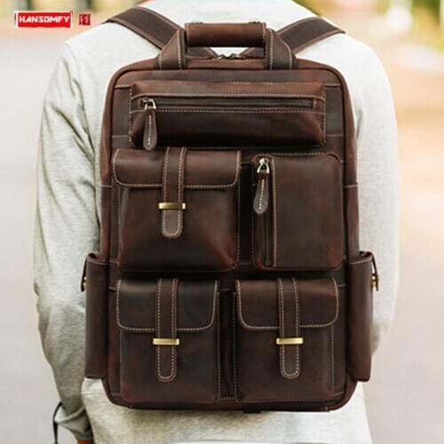 New Crazy Horse Leather Men Backpack Large Capacity Outdoor Travel Backpacks Male Laptop Bag Schoolbags Vintage Cowhide Leather