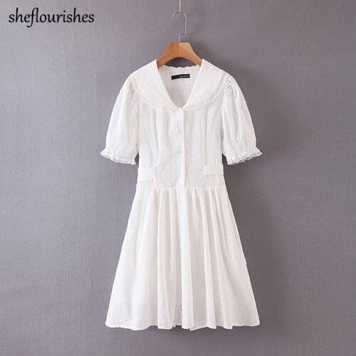 Summer dress women puff sleeve dresses cotton peter pan collar mini dress vintage embroidered dresses lace patchwork dress white