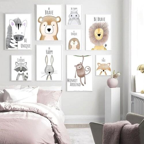 Cute Cartoon Animal Decorative Picture Be Brave Be Strong Childrens Room Kindergarten Frameless Canvas Painting Wall Art Kids