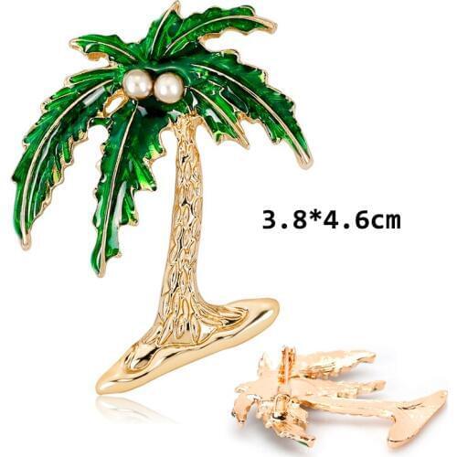 Cute Green Coconut Tree Shape Brooches Women Girls Dress Sweater Jewelry Simulated Pearls Enamel Plant Corsages Pins Up