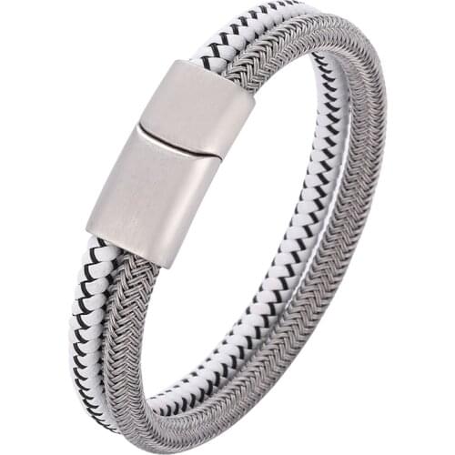 Fashion Double Braided Leather Bracelet for Men Stainless Steel Magnetic Buckle Handmade Wristband Male Charm Jewelry PD1068