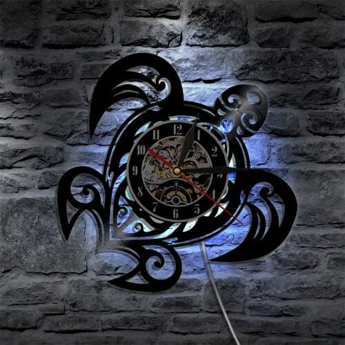Animal Sea Turtle Wall Art Clock Ocean Animal Sea Turtle Vinyl Record Wall Clock with LED Night Light Home Bedroom Decoration