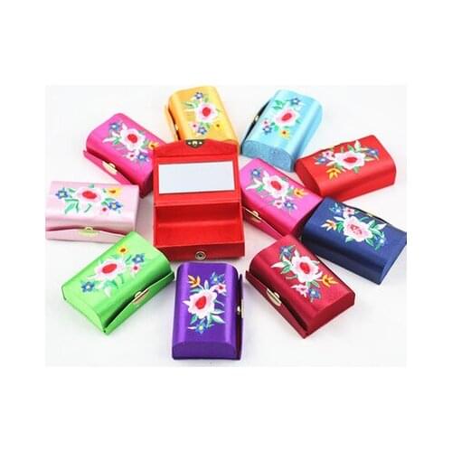 Wholesale 12PCS Chinese retro embroidery red cherry double lipstick box with mirror double strip