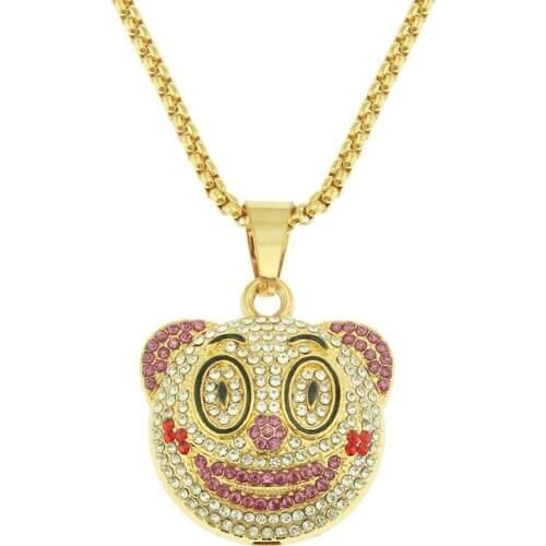 Clown Round Face Pendant Necklace Gold Color charm Cubic Zircon Mens Women Hip hop Rock Jewelry