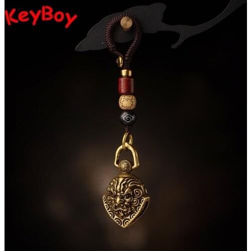 Brass Exorcism Bell Lanyard Pendant for Car Key Chain Feng Shui Lion Face Wind Chime Hanging Jewelry Handmade Rope Retro Keyring