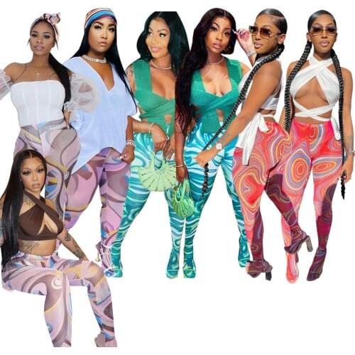 Casual Women Print Pants Sheer Mesh Streetwear Sporty Summer Clothes For Women Outfit
